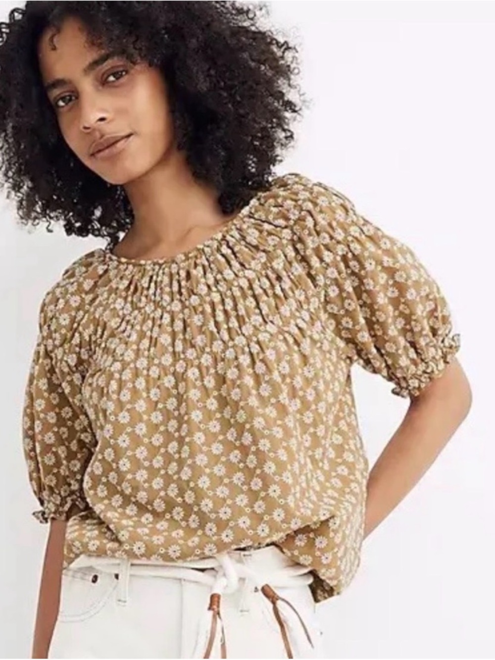 Madewell Beige Floral Smocked Neck Puff Sleeve Blouse